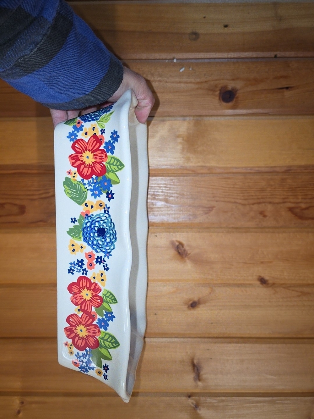 The Pioneer Woman White Ceramic Tray with Red, Blue and Green Floral Design